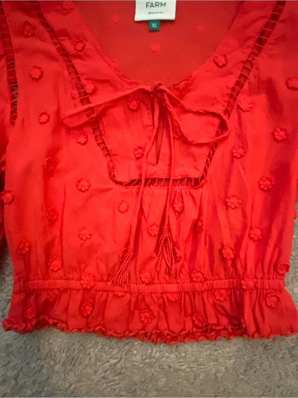 FARM Rio Vibrant Red Embroidered Puff-Sleeve Blouse